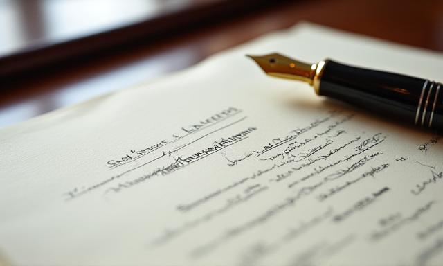 Legal documents and a pen on a mahogany desk