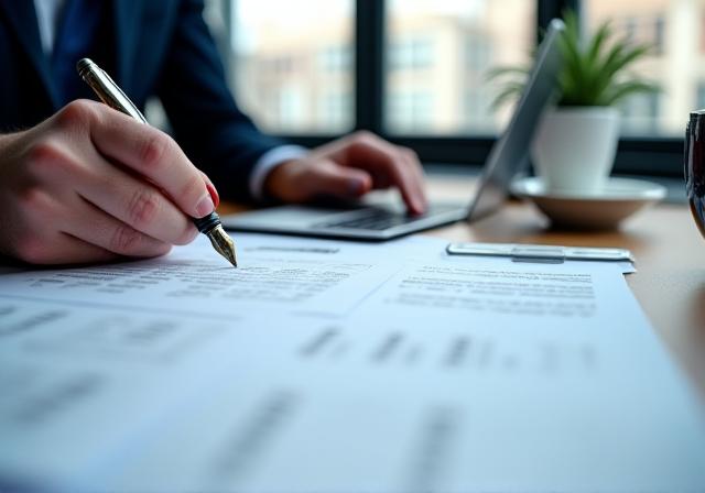 Legal professional reviewing complex legal documents in a modern office